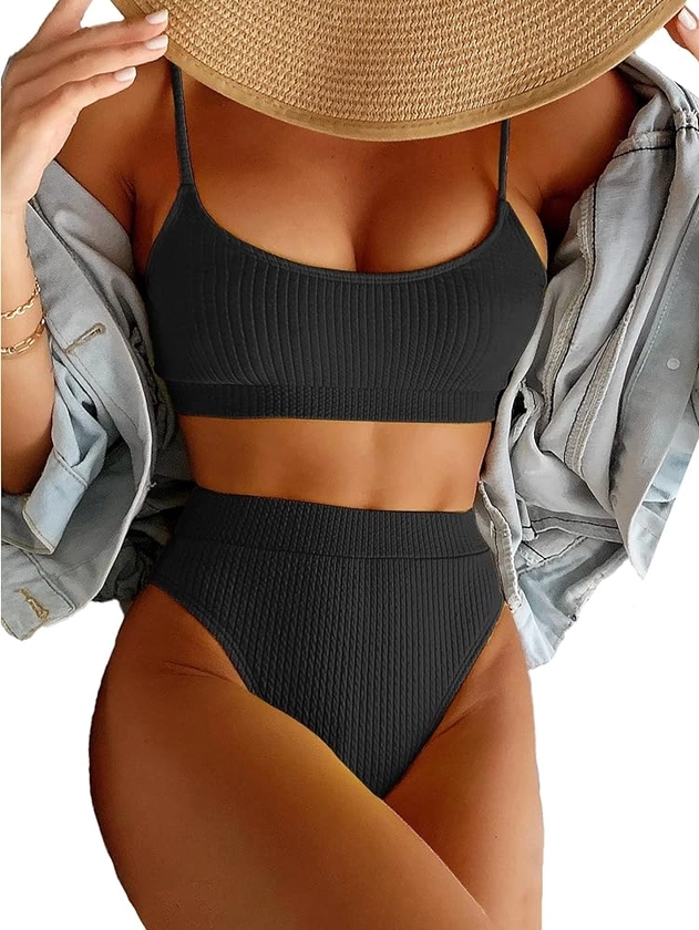 Lilosy High Waisted Tummy Control Ribbed Bikini Crop Top Brazilian Swimsuit Set 2 Piece