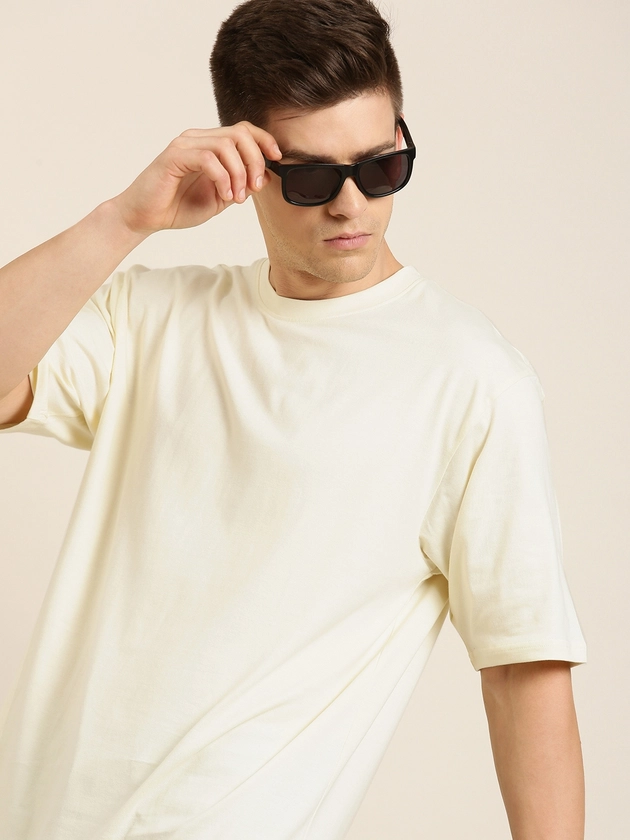 DILLINGER Men Cream-Coloured Pure Cotton Drop-Shoulder Sleeves Oversized Fit T-shirt