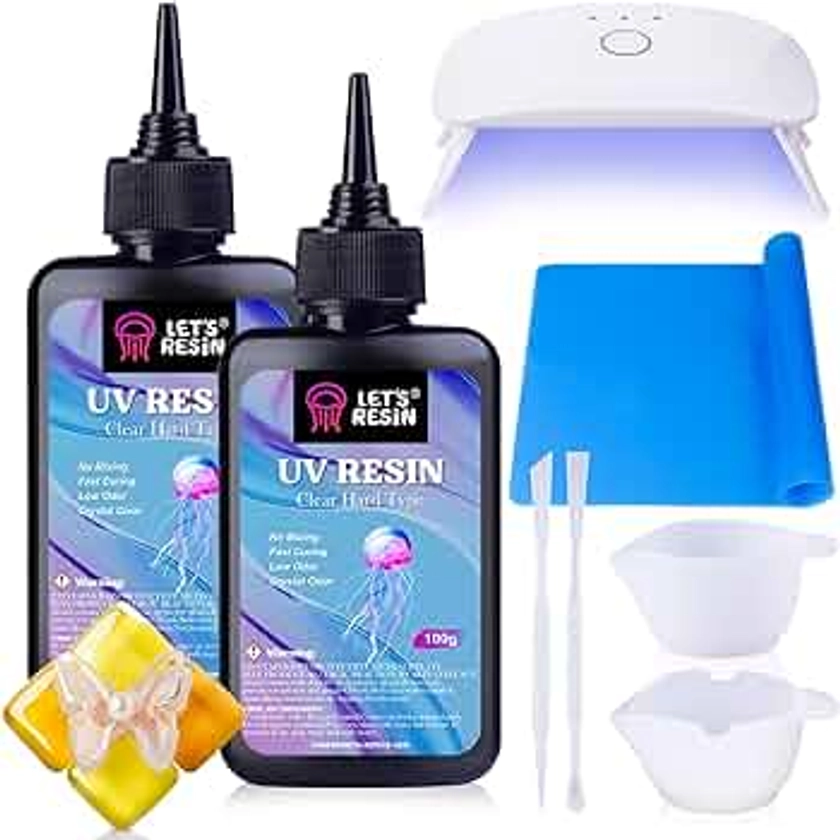 LET'S RESIN UV Resin with Light,Upgraded 200g Crystal Clear&Low Odor UV Resin Kit,UV Light,Silicone Mat,Ultraviolet Epoxy Resin Hard,UV Resin Starter Kit for Jewelry,Craft Decor
