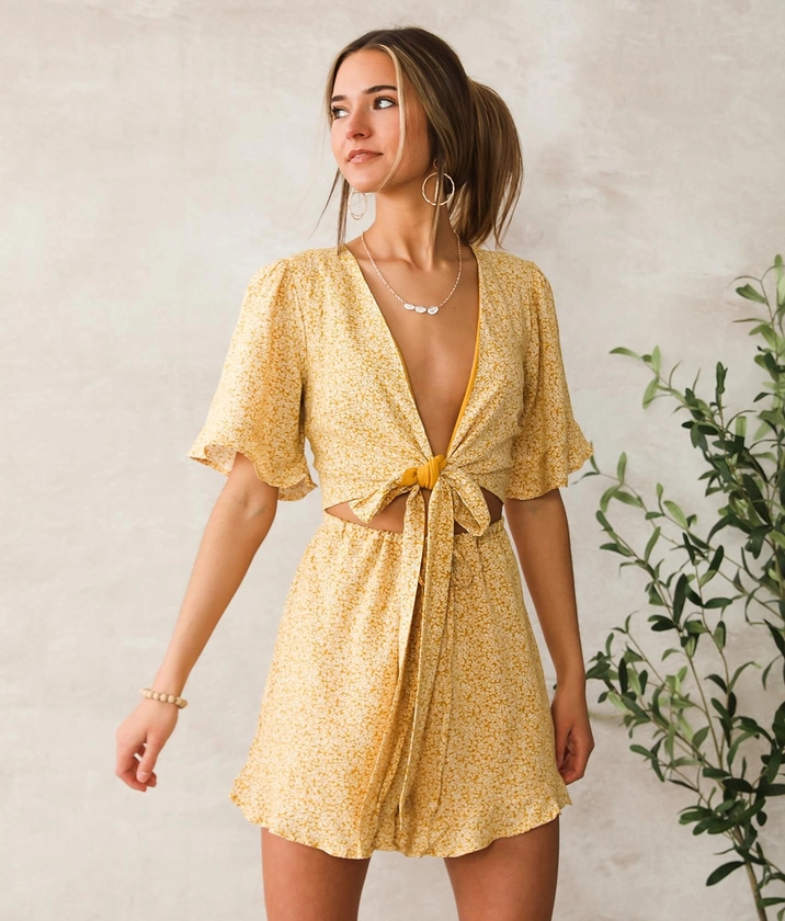 Willow & Root Ditsy Floral Print Romper - Women's Rompers/Jumpsuits in Mustard | Buckle