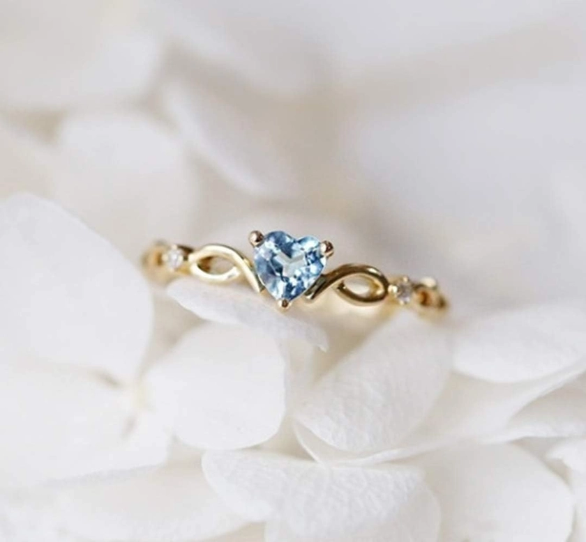 WDIYIEETN 14k Gold Sea Blue Topaz Love Heart CZ Diamond Ring Women Anniversary Engagement Wedding Gemstone Ring