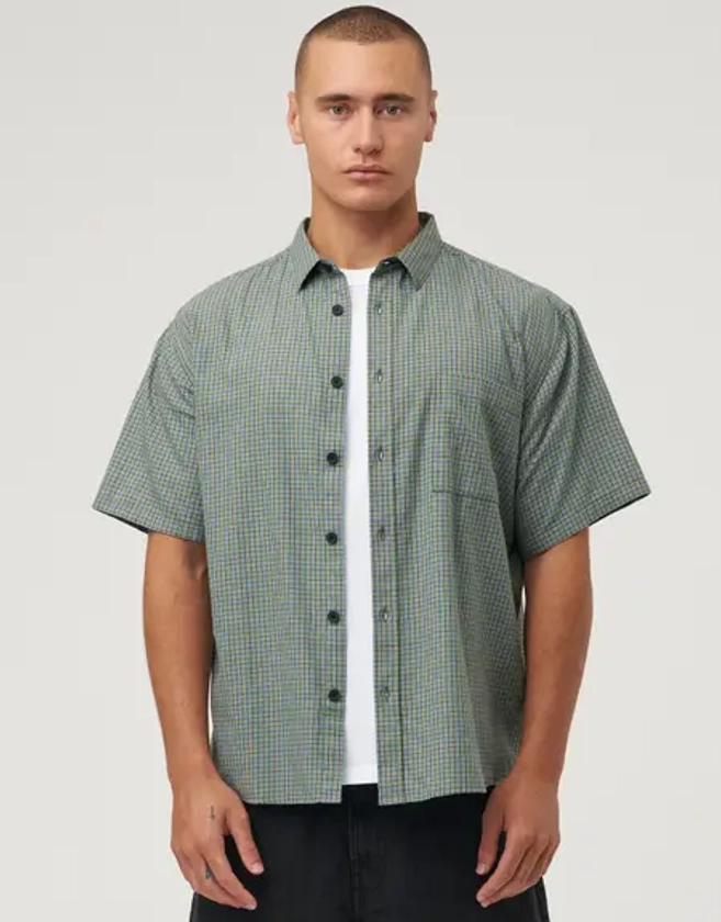 Micro Check Short Sleeve Shirt in Blue/green | Hallensteins AU