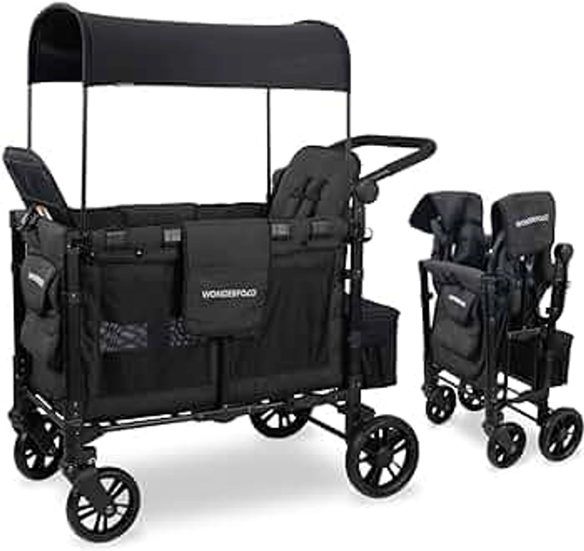 WONDERFOLD W2 Elite Stroller Wagon (2 Seater) - Collapsible Wagon Stroller with Seats with 5-Point Harnesses, Adjustable Push Handle, and Adjustable Sun Canopy, Elite Black