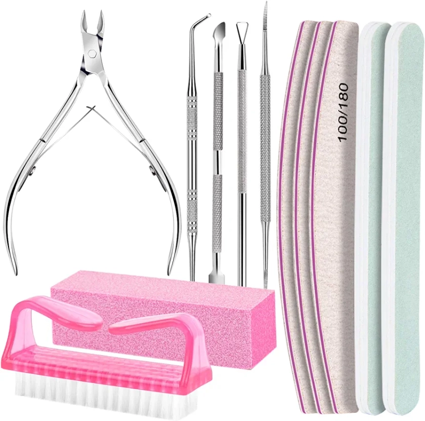 FANDAMEI 12pcs Nail Files Set, Nail Buffer Blocks with Cuticle Remover Cuticle Nippers Cuticle Pusher, Nail File and Buffer Set for Manicure & Pedicure Tools, 100/180 Nail Files for Natural Nails,Pink