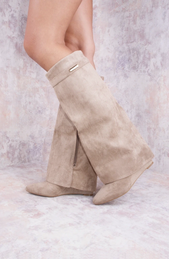 Taupe Faux Suede Fold Over Shark Classic Wedge Heel Buckle Knee High Boot