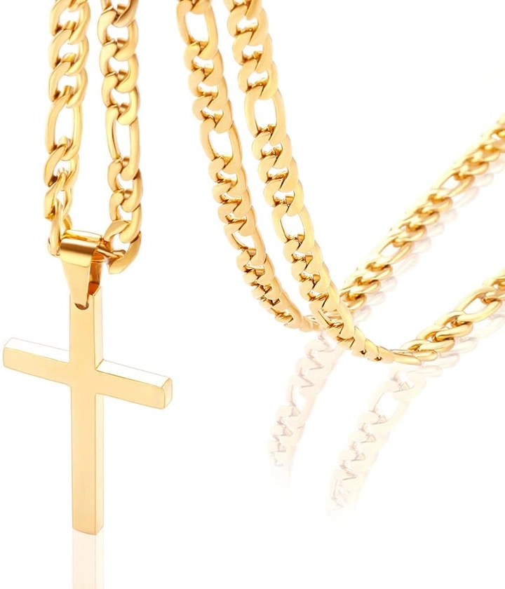 OUMI Cross Necklace for Men Women- Stainless Steel Pendant with 3:1 Figaro Chain -Silver 4/5/6 mm Width