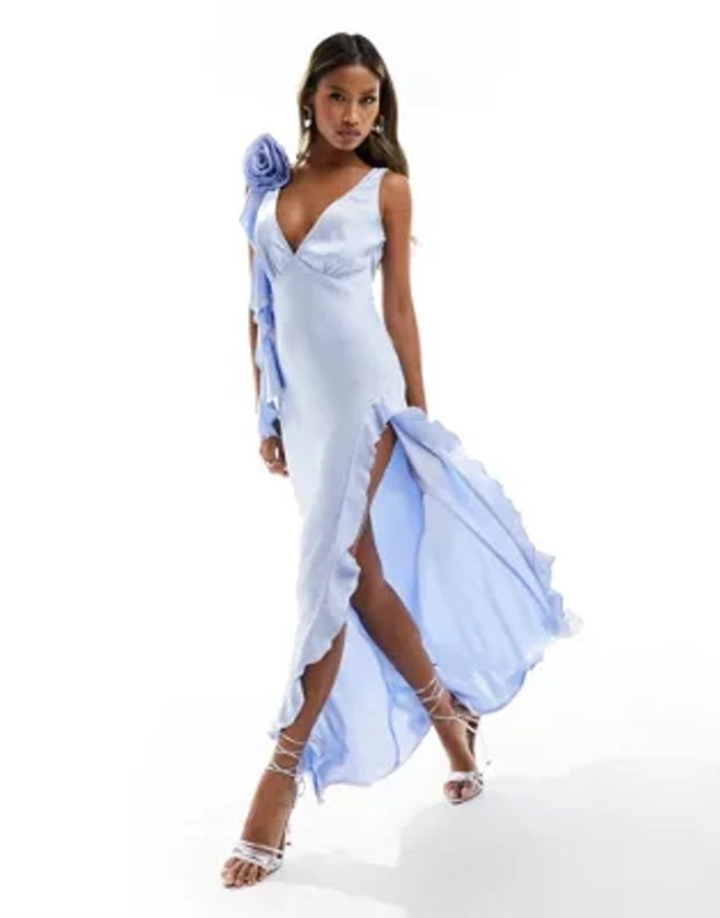 Love Triangle satin plunge maxi dress with corsage in blue | ASOS