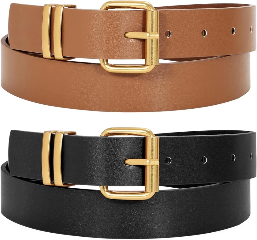 JASGOOD 2 Pack Women Belts for Jeans Ladies Leather Waist Belt for Pants Dresses with Gold Buckle