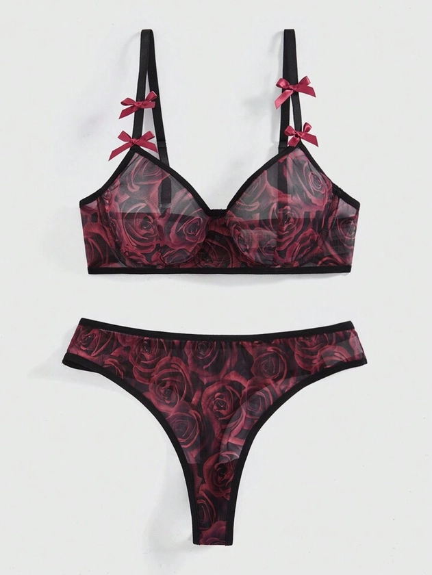 Sweetness Women's Sexy Rose Pattern Printed Lingerie Set