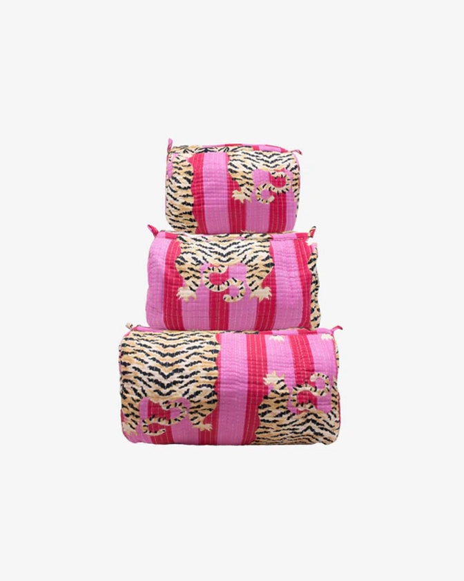 Fuchsia Block Printed Cotton Quilted Makeup/Washbag (Set of 3)