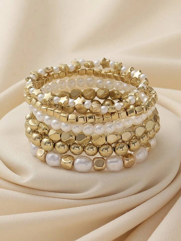 6pcs Fashionable Simple All-Match CCB Material Irregular Beaded Geometric Square Bead Bracelet Set. Perfect For Vacation, Traveling, Shopping, Taking Photos, Bar, Nightclub, Casual, Daily Wear And Accessories.