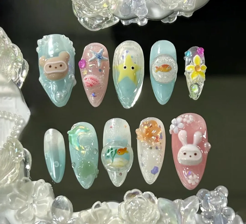 Style Sea, Fish Press on Nails, Summer Party Nails Design, Custom Nailbox, Wear Nail, Handmade Y2k Charm 3D Gel, Gifts for Her - Etsy