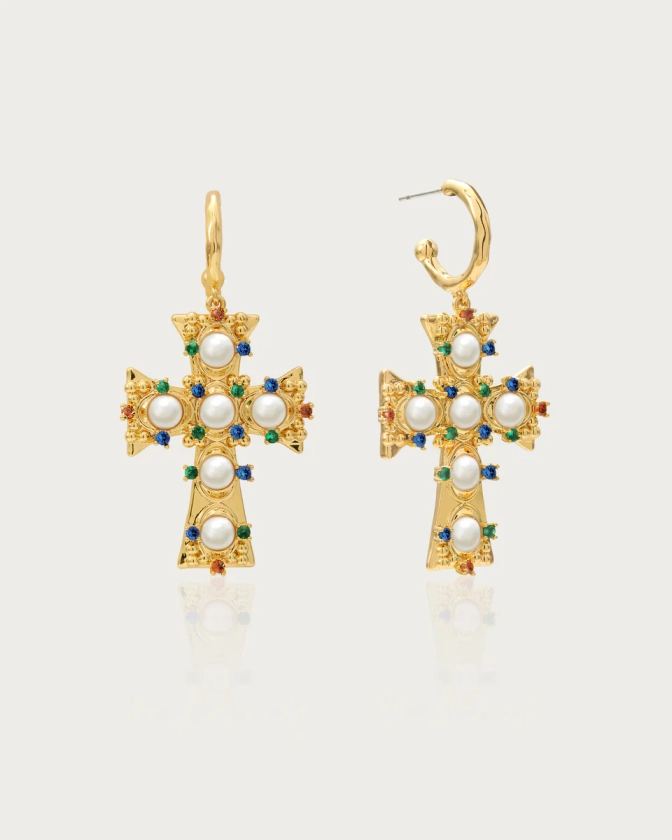 Lover of Helius Pearl Cross Earrings| En Route Jewelry | En Route Jewelry