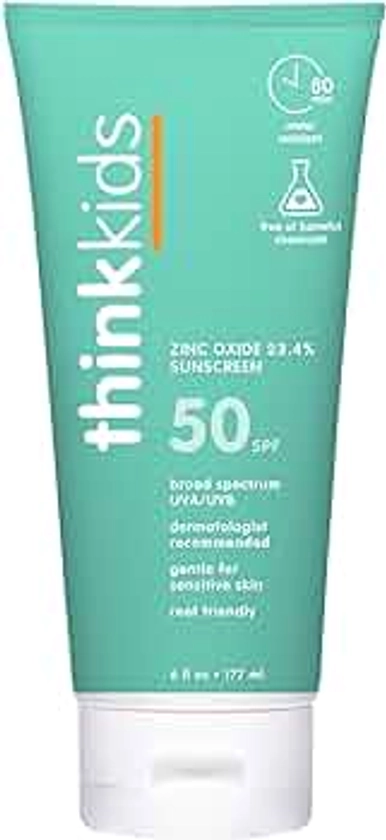 Thinksport Kids SPF 50+ Mineral Sunscreen – Safe, Natural Sunblock for Children - Water Resistant Sun Cream – Broad Spectrum UVA/UVB Sun Protection – Vegan, Reef Friendly Sun Lotion, 6oz