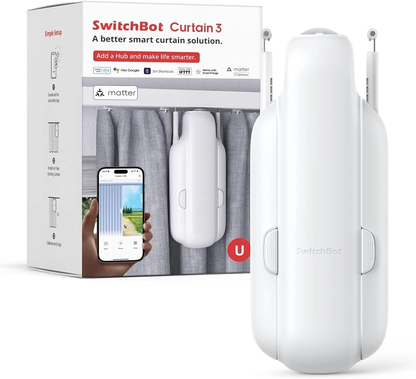 SwitchBot Poussoir de Rideau Intelligent - Télécommande Bluetooth avec App/Minuteur, Moteur Performance Amélioré, Ajoutez SwitchBot Hub pour le Rendre Compatible avec Alexa & HomeKit(Curtain 3,U Rail)