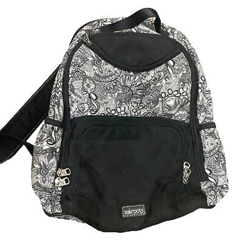 Sakroots Backpack Artist Circle Tech Bag School Spirit Black White Floral Pocket