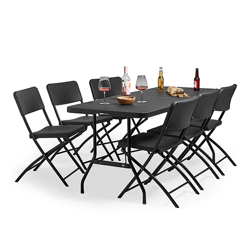 VonHaus Garden Dining Set, Grey 6 Person Rattan Effect Folding Table and Chairs, 6 Seater Dining Set for Patio Decking Balcony | DIY at B&Q