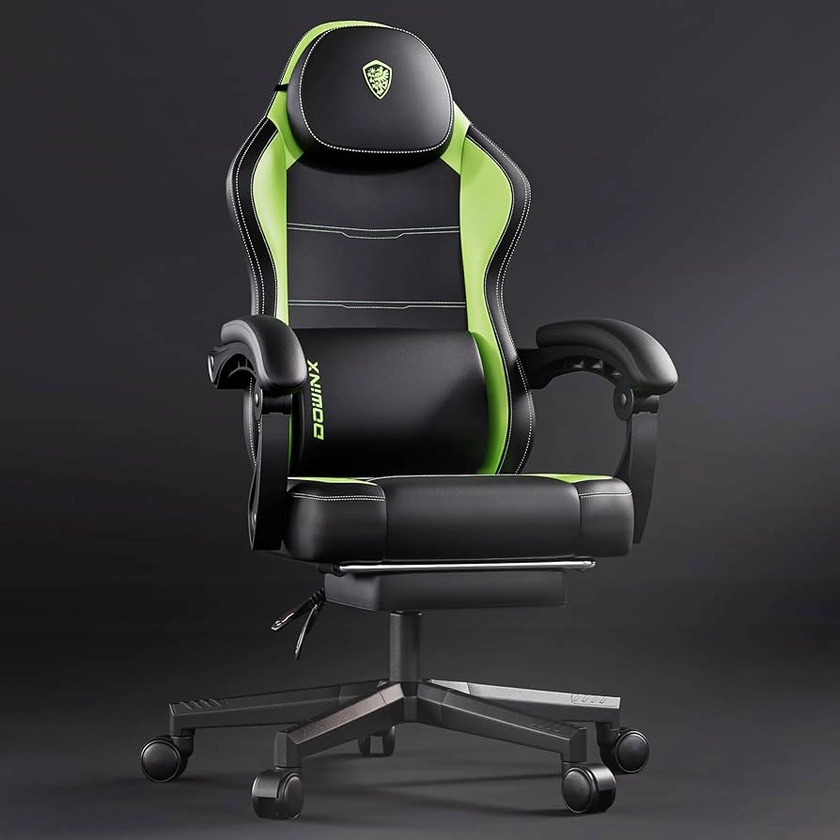 Dowinx Gaming Chair with Footrest, Gaming Chair for Adults, Ergonomic Gaming Chair with Pocket Spring Cushion and Massage Lumbar Support, High Back Leather Video Game Chair Office, 200kg Green