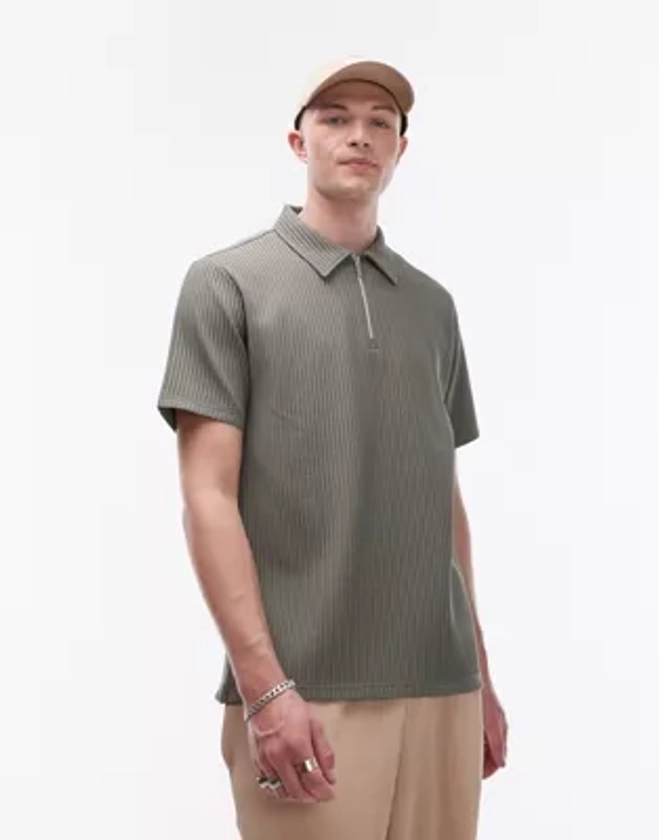 Topman short sleeve 1/4 zip through plisse shirt in khaki