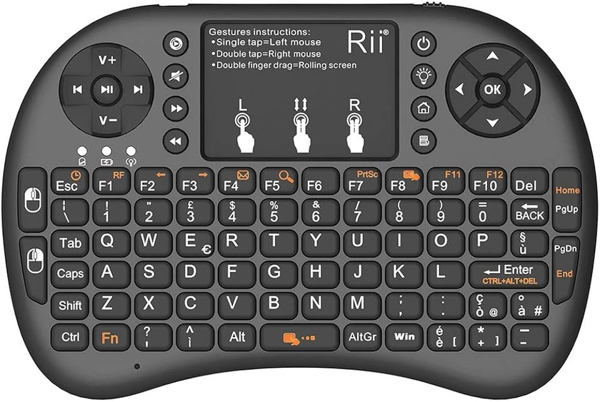 Rii Mini i8+ Wireless (layout ITALIANO) - Mini tastiera retroilluminata con mouse touchpad per Smart TV, Mini PC, HTPC, Console, Computer - Colore NERO