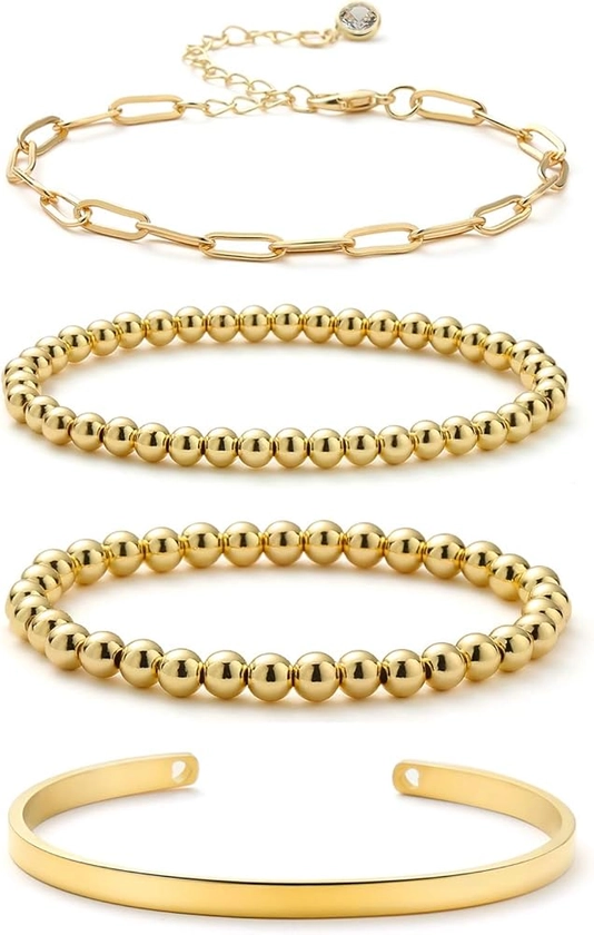 Starain Gold Beaded Bracelets for Women 18K Gold Plated Beaded Ball Stackable Stretch Bracelet Gold Cuff Bangle Set