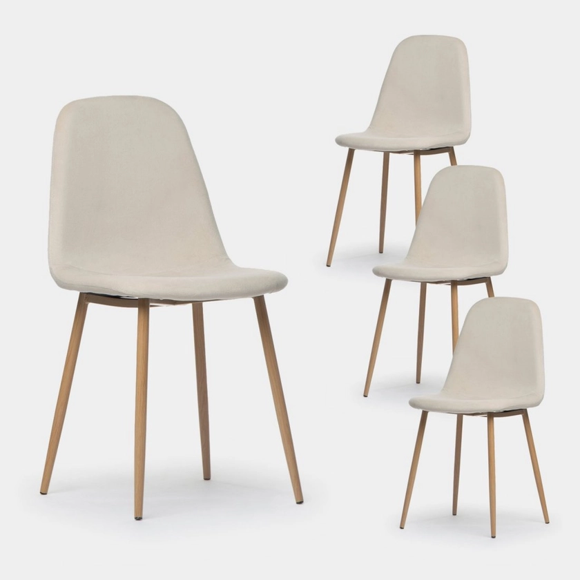 Pack 4 chaises de salle à manger rembourrées en velours beige avec pied naturel Ellis | Klast Home