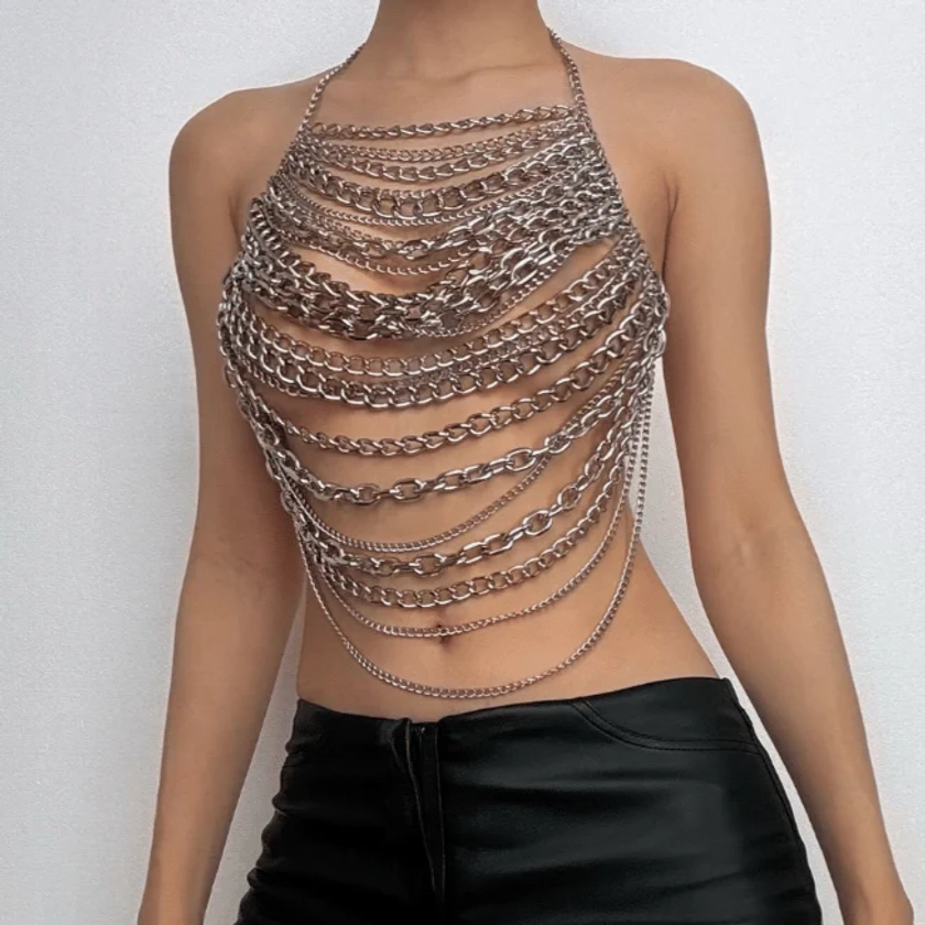 Halter layered metal chain hollow out backless cut out top