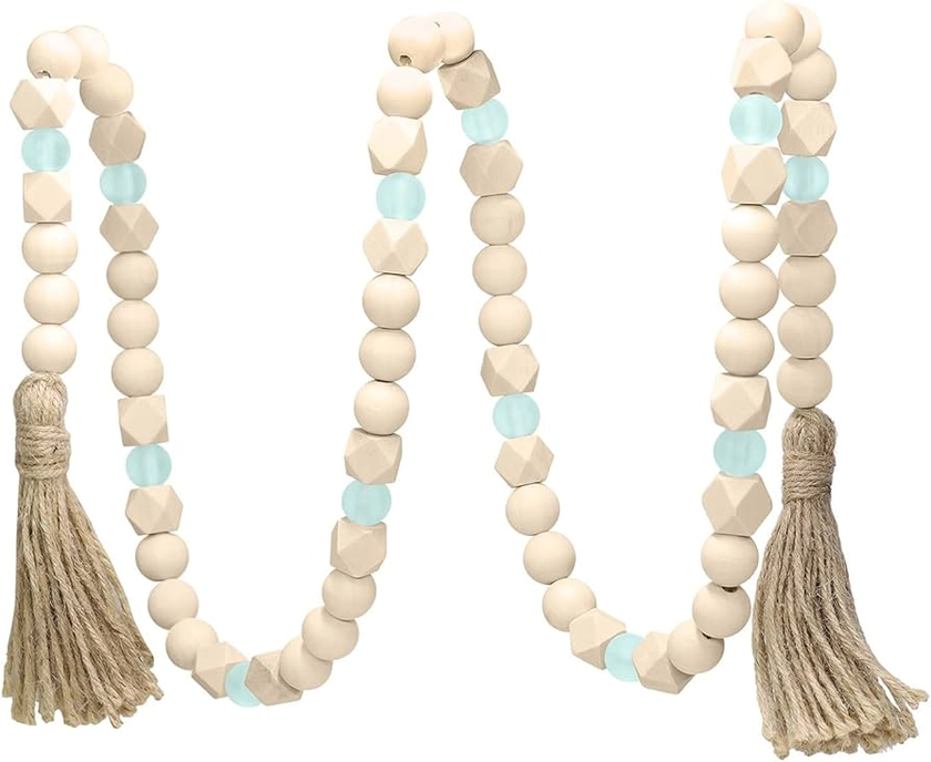 Amazon.com: AceList Wood Bead Garland with Tassels, Geometric Wooden Craft Beads with Aqua Acrylic Beads, Boho Farmhouse Country Rustic Wall Hanging Rae Dunn Tiered Tray Coffee Table Beach Decor : Home & Kitchen