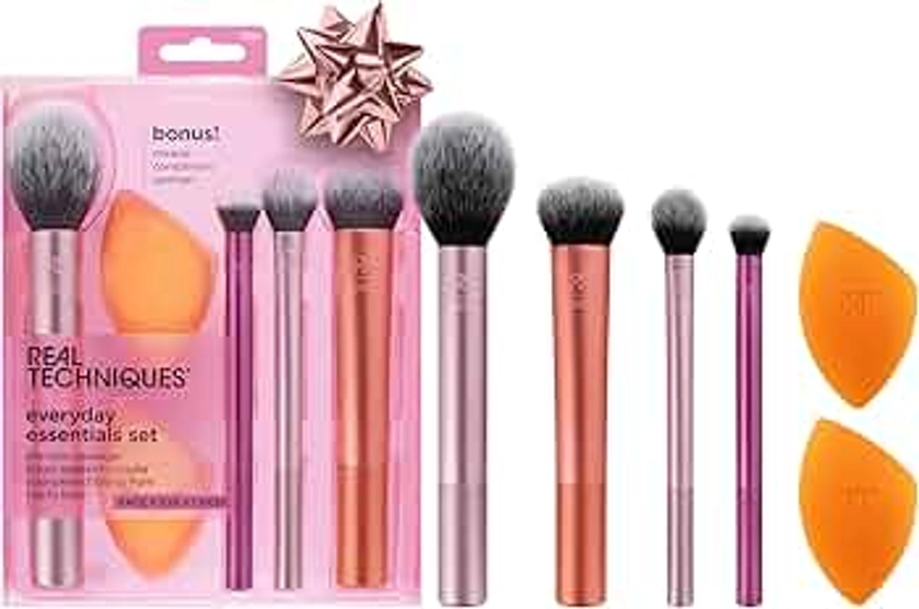 Real Techniques 6 Piece Everyday Essentials Makeup Brush Set, 4 Brushes & 2 Makeup Sponges, For Foundation, Blush, Contour, Eyeshadow, & Powder, Travel Gift Set, Stocking Stuffer, Cruelty-Free