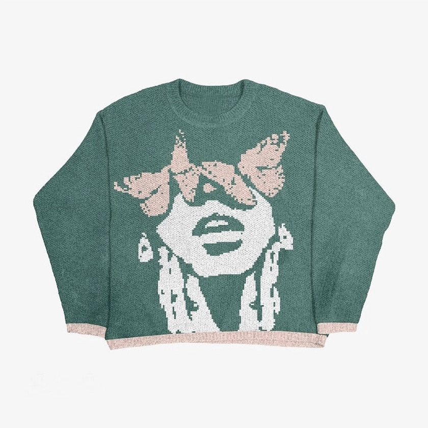 Knit Butterfly Portrait Graphic Sweater