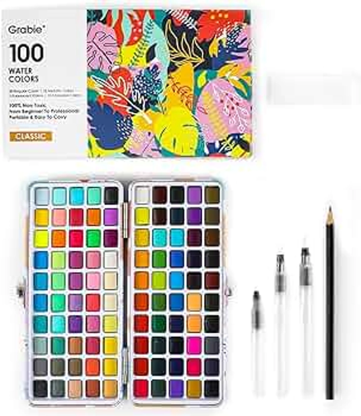Watercolor Paint Set, 100 Colors Painting with Water Brush Pens and Drawing Pencil, Great for Kids and Adults, Art Supplies, Perfect Starter Kit for Painting
