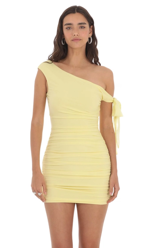 Off Shoulder Ruched Bodycon Dress in Yellow | LUCY IN THE SKY