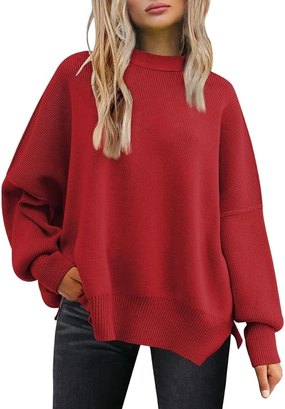 LILLUSORY Women's Oversized Batwing Sweaters 2024 Fall Outfits Crewneck Ribbed Knit Side Slit Trendy Pullover Tops Red M at Amazon Women’s Clothing store