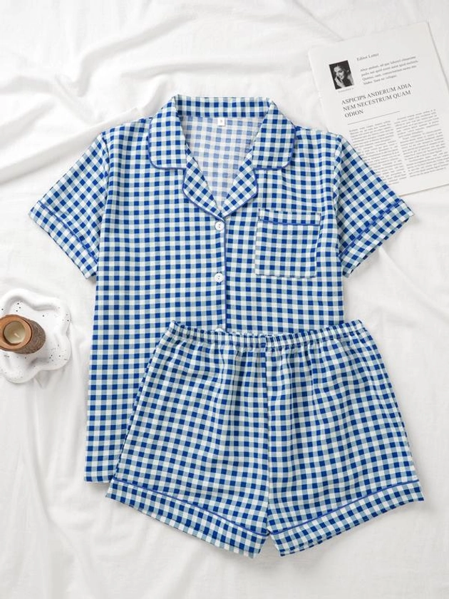 2 Counts Women's Gingham Print Pocket Pyjama Set, Lady Casual Comfort Shortsleeve Button Front Shirt & Elastic Waist Shorts, Summer Homewear Wear, Ladies Summer Sleepwear Set, Womenswear Pajamas, Pj Pants