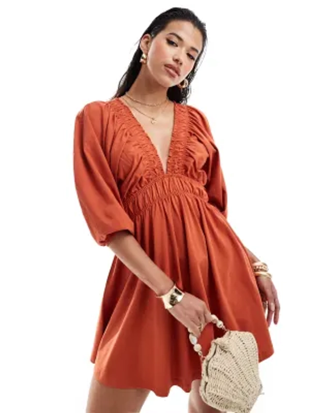 ASOS DESIGN - Robe courte rétro à décolleté avec liens élastiques et taille froncée - Terracotta | ASOS