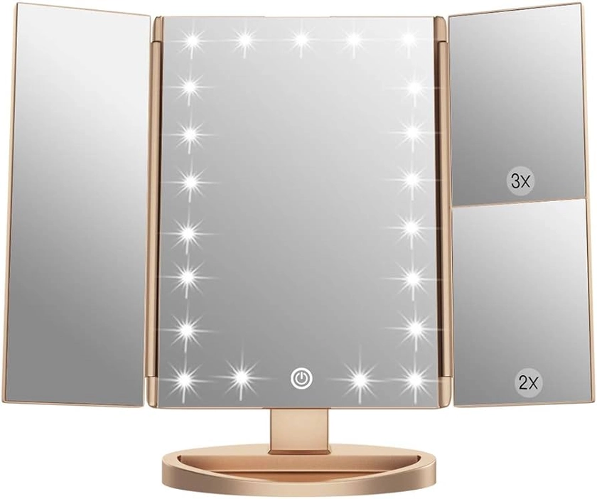 WEILY Vanity Makeup Mirror,1x/2x/3x Tri-Fold Makeup Mirror with 21 LED Lights and Adjustable Touch Screen Lighted Mirror Dressing Mirrors, gift for women (Gold)