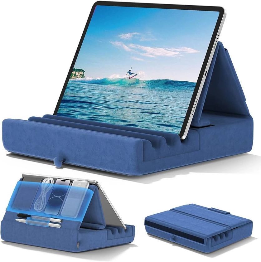 KDD Coussin de Support pour Tablette, Support Ipad Pliable pour Lit, Genoux, Bureau - Oreiller Repose Tablette avec Pochette & Support de Stylet pour Ipad Pro 12.9 10.5 9.7 Air Mini 6 5 4, Bleu