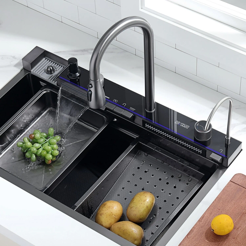 Lefton Two Waterfall Faucets Kitchen Sink with Digital Temperature Display & LED Lighting-KS2206