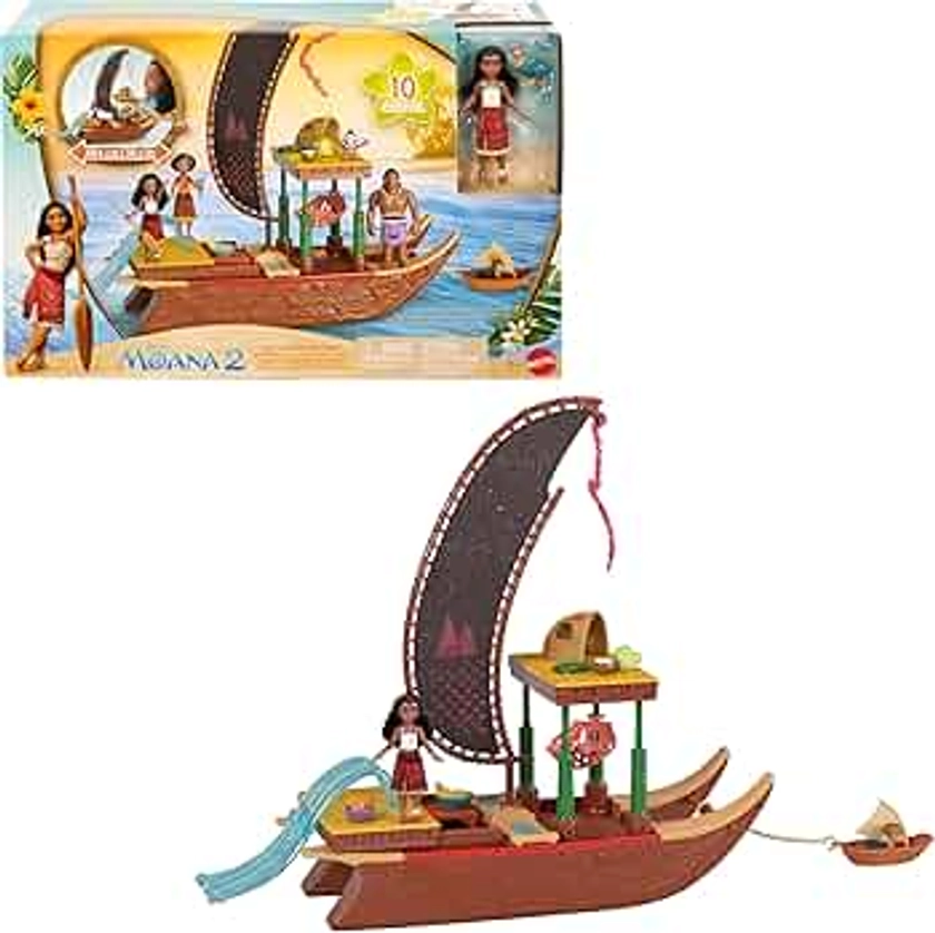 Mattel Disney Moana 2 Toys, Moana’s Adventure Canoe Playset with Floating Canoe, Moana Small Doll, 1 Character Friend, 6 Play Areas & 10 Accessories