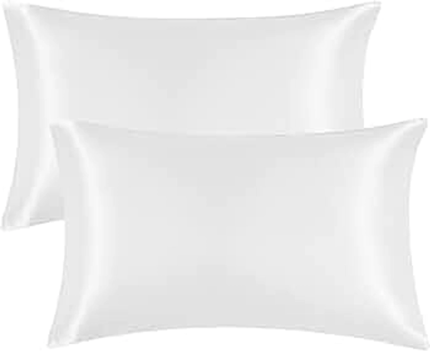 EHEYCIGA Silk Satin Pillow Cases 2 Pack White, Silky Pillowcases for hair and skin with Envelope Closure, Standard Size, 50x75 cm