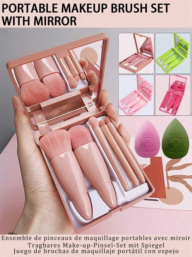 5pcs/6pcs Portable Makeup Brush Set With Mirror,Makeup Sponge Set, Boxed Cosmetic Brush Kit, Multipurpose Powder Brush, Complete Makeup Tools | SHEIN UK