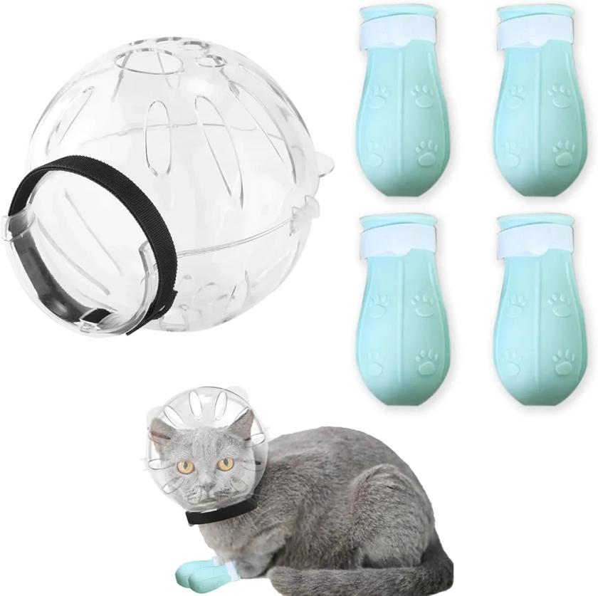 Casque à Bulles Respirant pour Chat avec Couvre Pattes, Masque de Toilettage pour Chat Museau de Chat pour Le Toilettage pour Chaton pour Le Bain des Chats Le Rasage la Coupe des Ongles