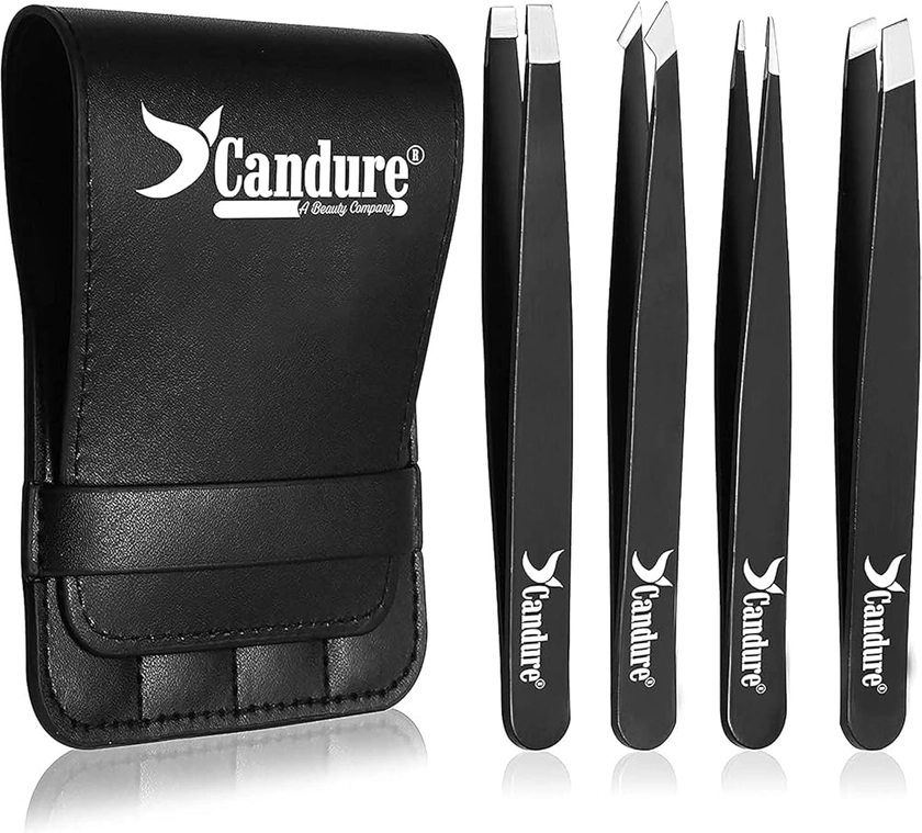 Candure Pince a Epiler Professionnelle Kit pour Sourcils de Precision- Ensemble de 4 Pincettes Acier Inoxydable pour Enlèvement des points noirs, poils Incarnés, Les Cils