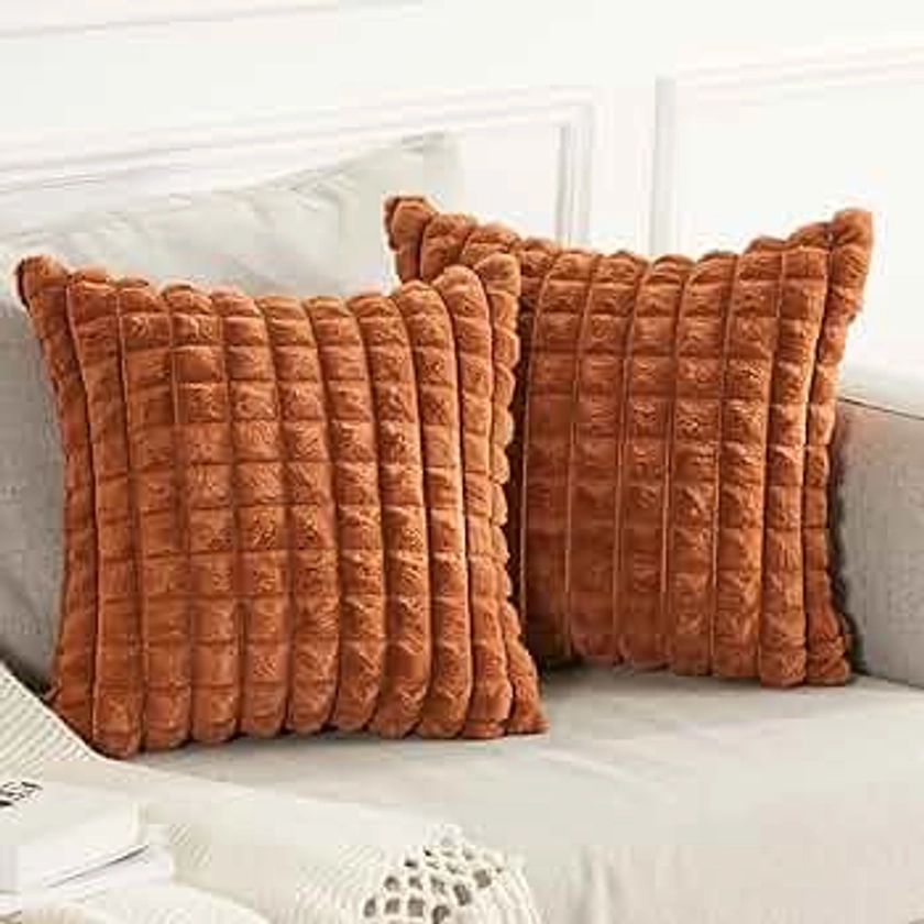 Joyouth Faux Fur Plush Throw Pillow Covers 18x18 Inch Set of 2 - Square Decorative Pillowcase Checkered Soft Fuzzy Cozy Cushion Case for Couch,Sofa,Living Room - Brown