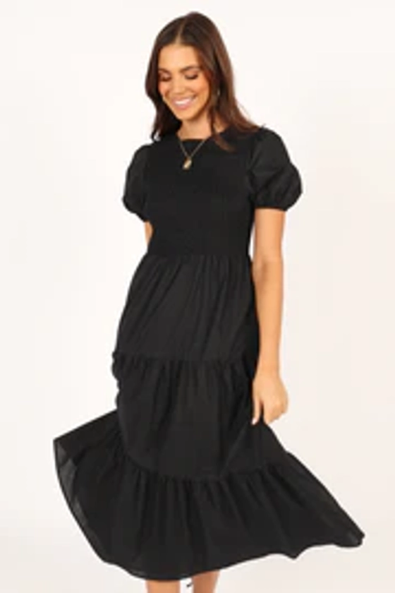 Naura Shirred Tiered Midi Dress - Black