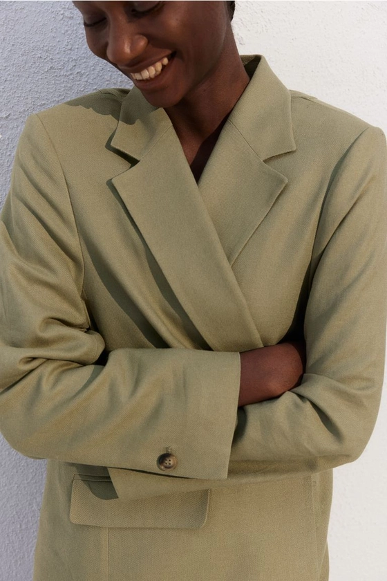 Linen-blend Blazer - Long sleeve - Regular length - Khaki green - Ladies | H&M US