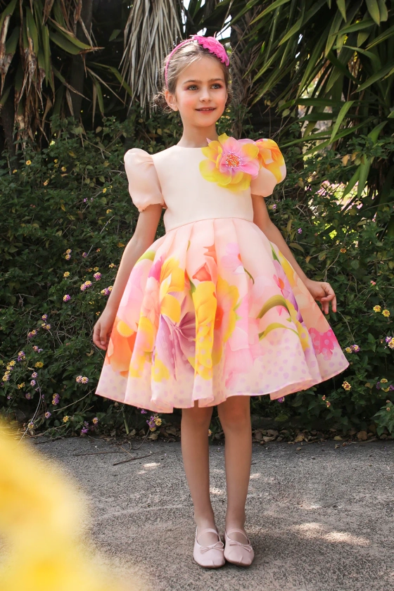 Light peach organza dress with floral print and 3D hand-embellished flower