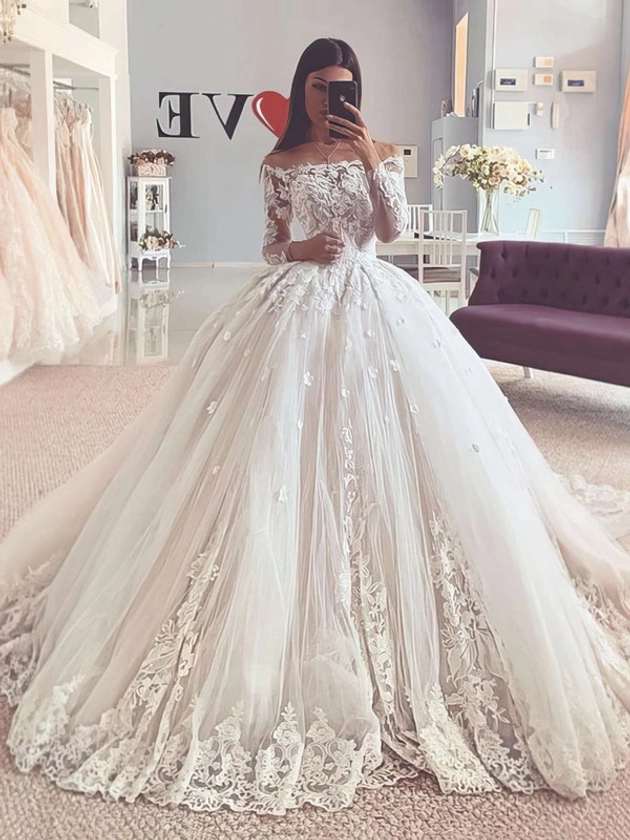 £219.00 Ball Gown Off-the-shoulder Tulle Sweep Train Wedding Dresses With Appliques Lace #UKM00023754 - MillyBridal