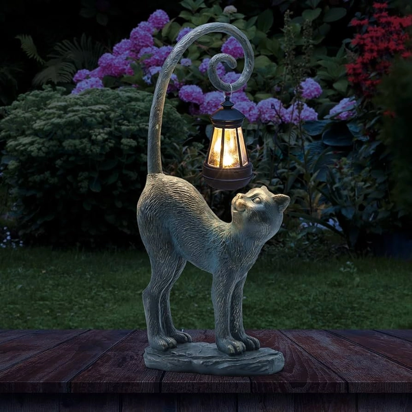 Resin Cat Statue with Solar Lantern, Eye-catching Garden Sculpture Decor，15.3" Height Outdoor Figurine for Garden Yard Patio Decorations，Birthday Gifts