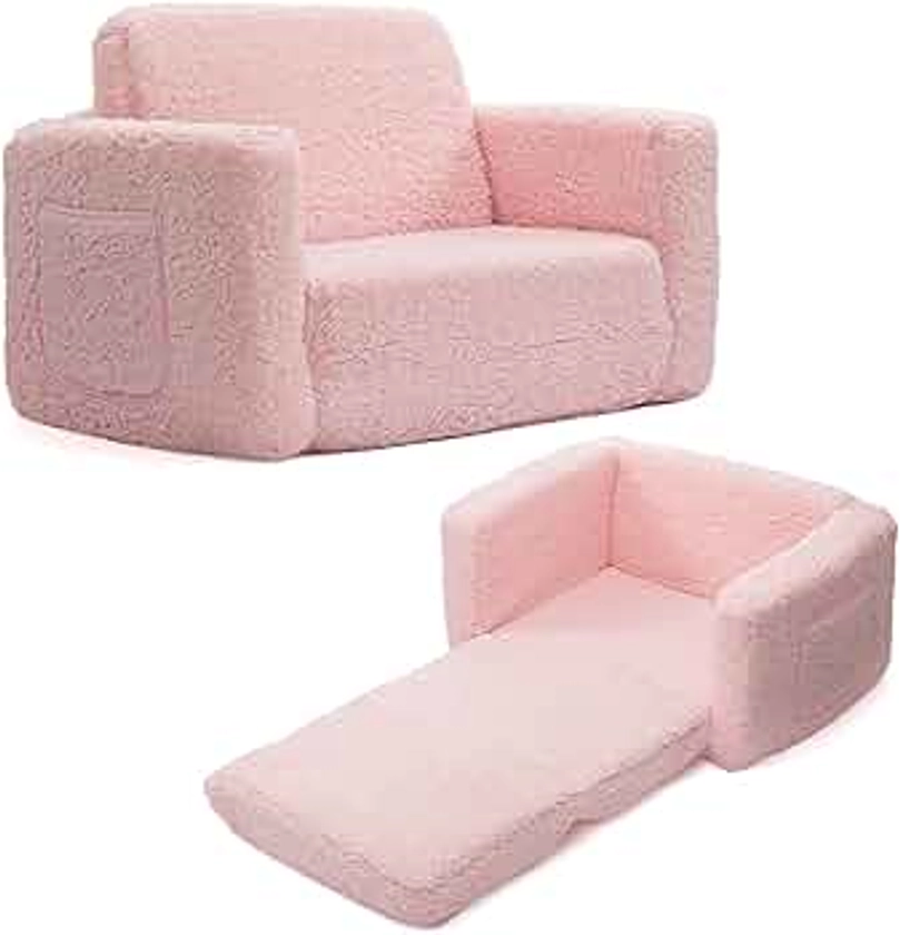 BEJOY Fauteuil Enfant Convertible en Canapé-lit 2-en-1 Sherpa Doux, Cadeau Parfait pour Anniversaire et Fête des Enfants, Rose